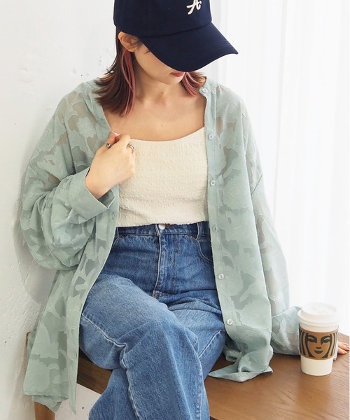 tiptop（ティップトップ）の「シアージャガードバンドカラーシャツ（シャツ/ブラウス・レディース・ダークグレー/グリーン/アイボリー/ブラック/オフホワイト・FREE）」の5枚目の写真