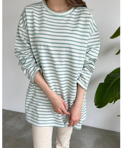 DAIS-Y(デイジー)の「ボーダー柄チュニック丈ロングTシャツ(Tシャツ/カットソー・レディース・ベージュ/ブラック/ピンク/ミント・FREE)」の3枚目の写真