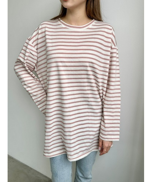 DAIS-Y(デイジー)の「ボーダー柄チュニック丈ロングTシャツ(Tシャツ/カットソー・レディース・ベージュ/ブラック/ピンク/ミント・FREE)」の7枚目の写真