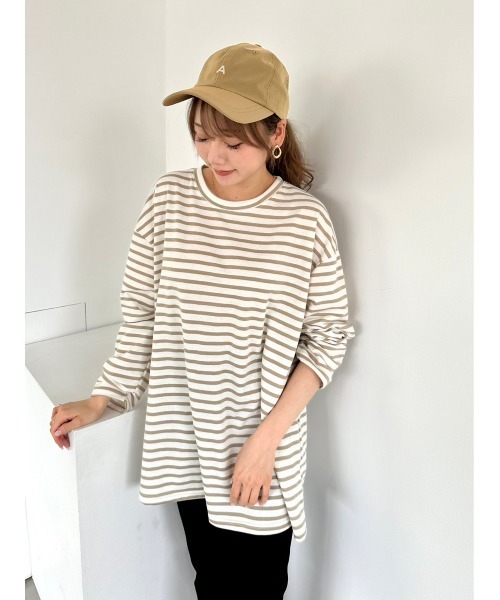 DAIS-Y(デイジー)の「ボーダー柄チュニック丈ロングTシャツ(Tシャツ/カットソー・レディース・ベージュ/ブラック/ピンク/ミント・FREE)」の19枚目の写真