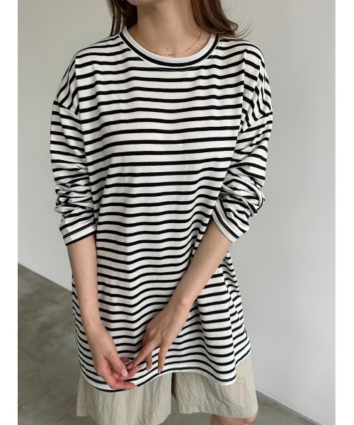 DAIS-Y(デイジー)の「ボーダー柄チュニック丈ロングTシャツ(Tシャツ/カットソー・レディース・ベージュ/ブラック/ピンク/ミント・FREE)」の16枚目の写真