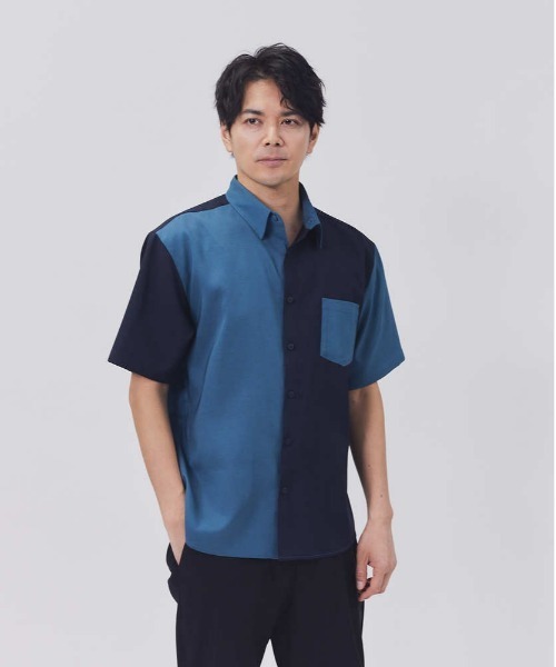 PLUS ONE（プラスワン）の「【接触冷感】【PLUS ONE】サラサラ切替え半袖シャツ（シャツ/ブラウス・メンズ・ホワイト×カーキブラウン/ケリーグリーン/チャコールグレー×ブラック/ホワイト×ネイビー/グレー×ホワイト/ネイビー・M/XL/L/S）」の6枚目の写真
