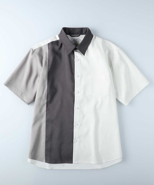 PLUS ONE（プラスワン）の「【接触冷感】【PLUS ONE】サラサラ切替え半袖シャツ（シャツ/ブラウス・メンズ・ホワイト×カーキブラウン/ケリーグリーン/チャコールグレー×ブラック/ホワイト×ネイビー/グレー×ホワイト/ネイビー・M/XL/L/S）」の10枚目の写真