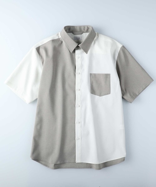 PLUS ONE（プラスワン）の「【接触冷感】【PLUS ONE】サラサラ切替え半袖シャツ（シャツ/ブラウス・メンズ・ホワイト×カーキブラウン/ケリーグリーン/チャコールグレー×ブラック/ホワイト×ネイビー/グレー×ホワイト/ネイビー・M/XL/L/S）」の8枚目の写真