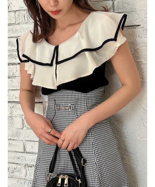 dazzlin（ダズリン）の「レイヤードパイピングノースリトップス（ニット/セーター・レディース・ピンク/ブラック/オフホワイト/ブルー・FREE）」の3枚目の写真