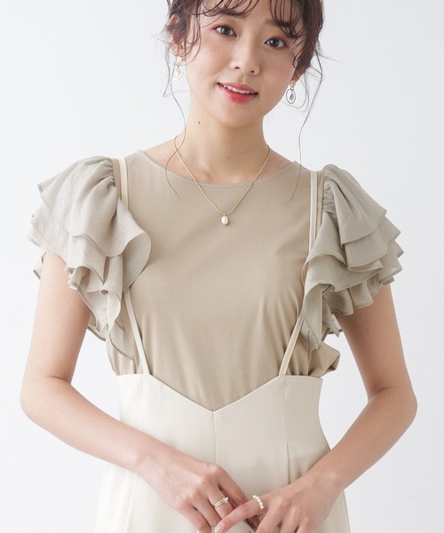 couture brooch（クチュールブローチ）の「◆【大人可愛い華盛りデザイン】シアーラッフルスリーブTシャツ（Tシャツ/カットソー・レディース・カーキ/オフホワイト/ブラック・36/38/40/42）」の3枚目の写真