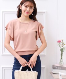 couture brooch | 【UV/アンチピリング/接触冷感】フリル袖はしごパール調ニットトップス(ニット/セーター)