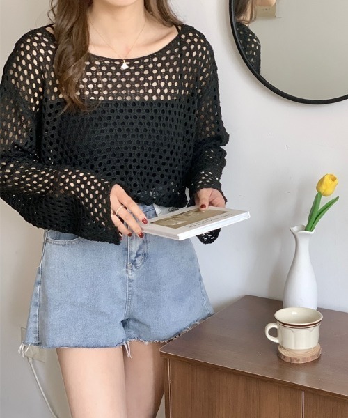 セール】ショート丈メッシュニットトップス（Tシャツ/カットソー