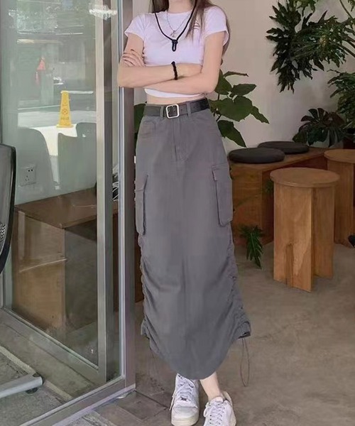 SPIGA（スピーガ）の「ﾍﾞﾙﾄ付ﾊﾞｯｸｽﾘｯﾄｶｰｺﾞﾛﾝｸﾞｽｶｰﾄ（スカート・レディース・カーキ/ブラック/グレー・FREE）」の3枚目の写真