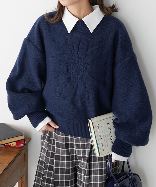 BONLECILL(ボンルシール)の「モヘアライク フラワージャガードニットプルオーバー(ニット/セーター・レディース・オレンジ/ネイビー/グリーン/アイボリー/ピンク・FREE)」の21枚目の写真