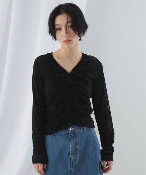 Ray BEAMS（レイビームス）の「Ray BEAMS / チュール ギャザー Vネック カーディガン（カーディガン/ボレロ・レディース・ブラック/ミント・ONE SIZE）」の8枚目の写真