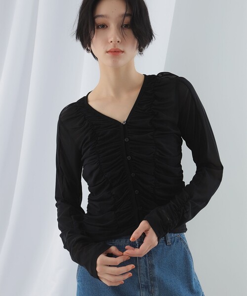 Ray BEAMS（レイビームス）の「Ray BEAMS / チュール ギャザー Vネック カーディガン（カーディガン/ボレロ・レディース・ブラック/ミント・ONE SIZE）」の9枚目の写真