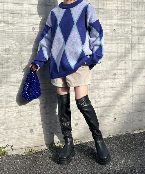 mi via loca（ミヴィアロカ）の「ダブルジャガード ダイヤ柄 ニット（ニット/セーター・レディース・パープル/オレンジ・FREE）」の8枚目の写真