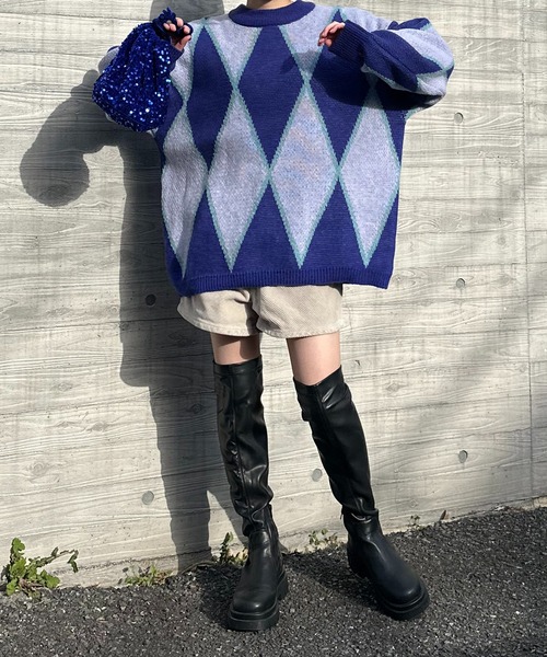 mi via loca（ミヴィアロカ）の「ダブルジャガード ダイヤ柄 ニット（ニット/セーター・レディース・パープル/オレンジ・FREE）」の11枚目の写真