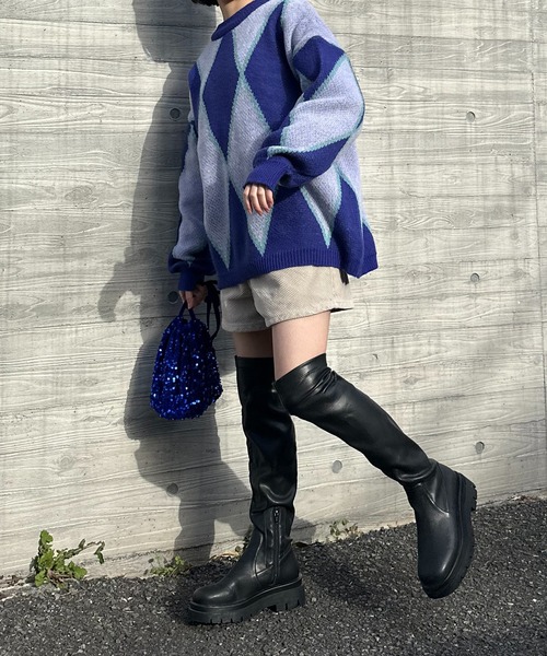 mi via loca（ミヴィアロカ）の「ダブルジャガード ダイヤ柄 ニット（ニット/セーター・レディース・パープル/オレンジ・FREE）」の9枚目の写真