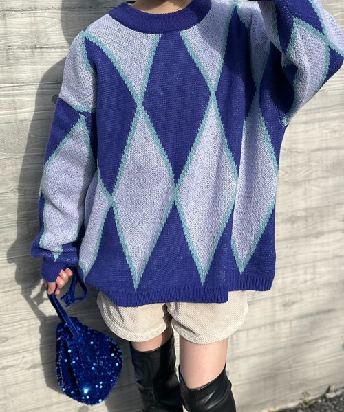 mi via loca（ミヴィアロカ）の「ダブルジャガード ダイヤ柄 ニット（ニット/セーター・レディース・パープル/オレンジ・FREE）」の7枚目の写真