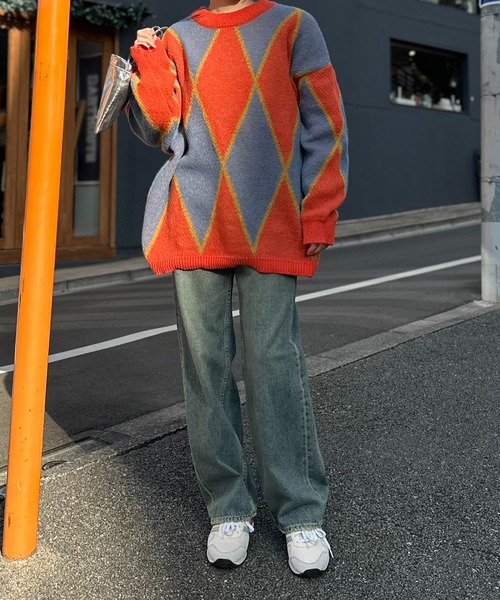 mi via loca（ミヴィアロカ）の「ダブルジャガード ダイヤ柄 ニット（ニット/セーター・レディース・パープル/オレンジ・FREE）」の18枚目の写真