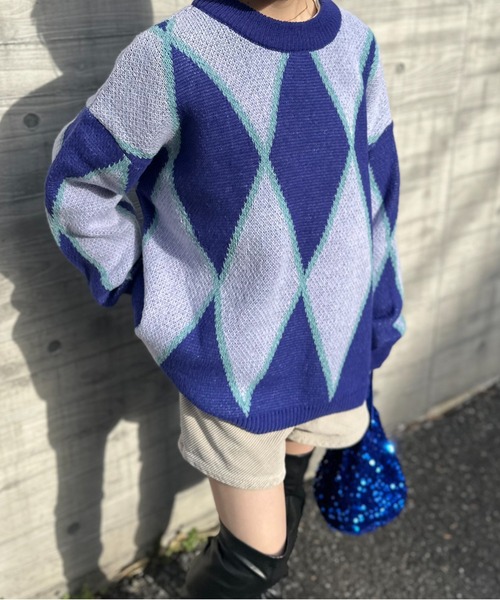 mi via loca（ミヴィアロカ）の「ダブルジャガード ダイヤ柄 ニット（ニット/セーター・レディース・パープル/オレンジ・FREE）」の21枚目の写真