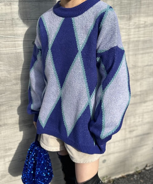 mi via loca（ミヴィアロカ）の「ダブルジャガード ダイヤ柄 ニット（ニット/セーター・レディース・パープル/オレンジ・FREE）」の22枚目の写真