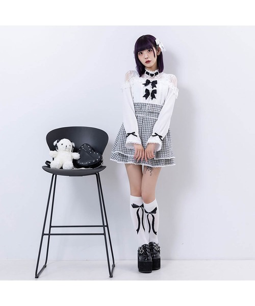 ブラウス シャツ ハートビジューリボンオフショル風レースブラウス レディース DearMyLove ブラウス シャツ ハートビジューリボンオフショル風