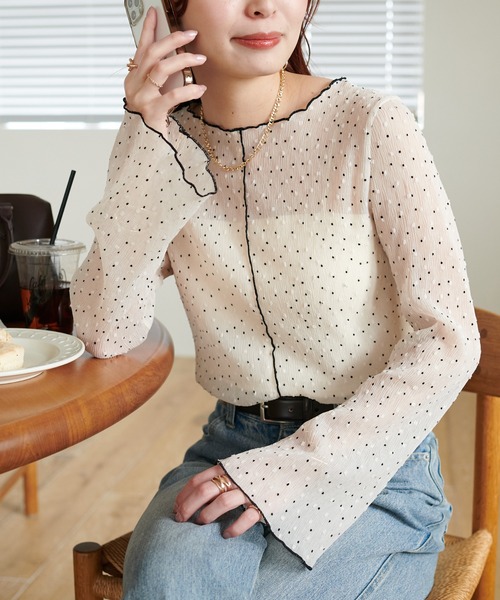 ♦♣フロッキードット柄シースルー袖プルオーバー（ホワイト） DISCOAT（ディスコート）の「【WEB限定】シアーフロッキードットプル
