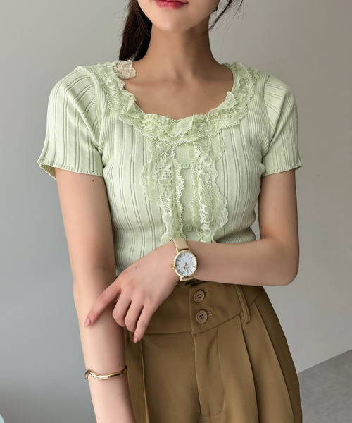 Ada.（エイダ）の「レース フリル デザイン ニット バレエコア Tシャツ