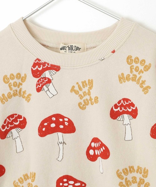 MAKE YOUR DAY（メイクユアデイ）の「ニョキニョキきのこ総柄裏毛トレーナー■80～140cm（スウェット・キッズ・ベージュ/アイボリー・100/90/140/130/80/120/110）」の9枚目の写真