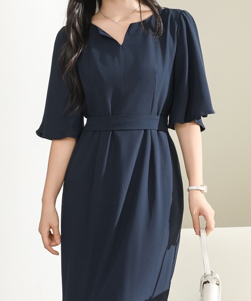 ネイビー フレアスリーブ ロングワンピース M 店舗人気】ロングスリーブフレアワンピース | BOURGE (Women