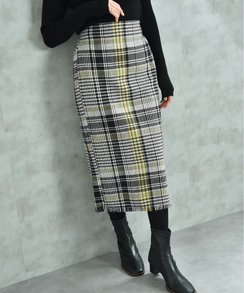 INTERPLANET（インタープラネット）の「ＢＩＧチェックツイードタイトスカート（スカート・レディース・イエロー/ブラック・FREE）」の9枚目の写真