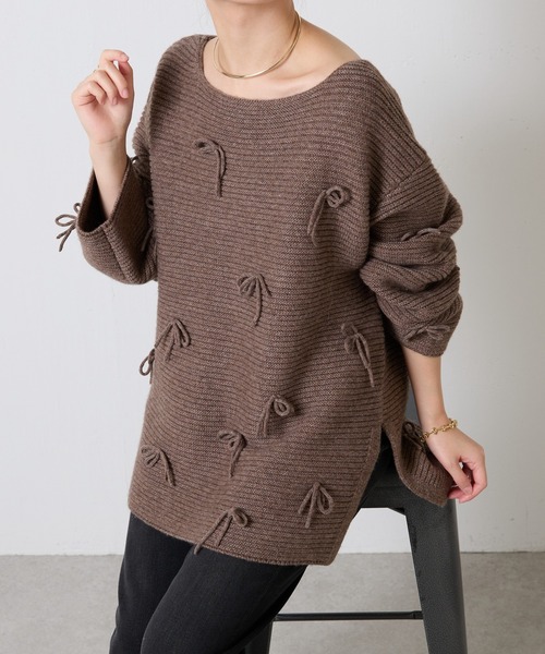 COLLAGE GALLARDAGALANTE（コラージュガリャルダガランテ）の「リボンオーバーニット（ニット/セーター・レディース・チャコールグレー/モカ・FREE）」の2枚目の写真