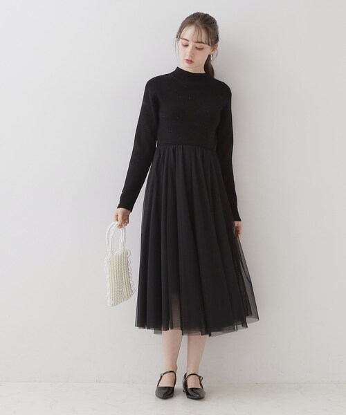 couture brooch（クチュールブローチ）の「◆【ふわっと軽い上品なワンピ】ラメニットチュールドッキングワンピース（ワンピース・レディース・サンドベージュ/ブラック/ナチュラル・42/36/38）」の4枚目の写真