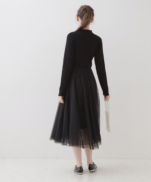 couture brooch（クチュールブローチ）の「◆【ふわっと軽い上品なワンピ】ラメニットチュールドッキングワンピース（ワンピース・レディース・サンドベージュ/ブラック/ナチュラル・42/36/38）」の6枚目の写真