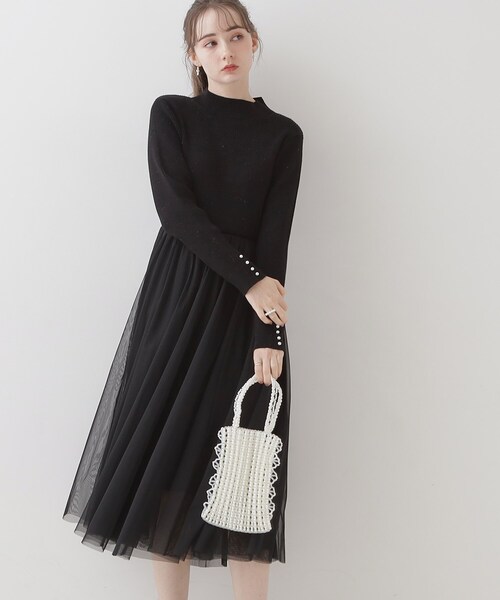 couture brooch（クチュールブローチ）の「◆【ふわっと軽い上品なワンピ】ラメニットチュールドッキングワンピース（ワンピース・レディース・サンドベージュ/ブラック/ナチュラル・42/36/38）」の7枚目の写真