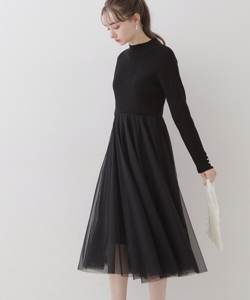 couture brooch（クチュールブローチ）の「◆【ふわっと軽い上品なワンピ】ラメニットチュールドッキングワンピース（ワンピース・レディース・サンドベージュ/ブラック/ナチュラル・42/36/38）」の8枚目の写真