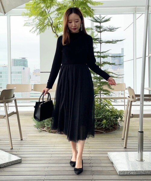 couture brooch（クチュールブローチ）の「◆【ふわっと軽い上品なワンピ】ラメニットチュールドッキングワンピース（ワンピース・レディース・サンドベージュ/ブラック/ナチュラル・42/36/38）」の10枚目の写真