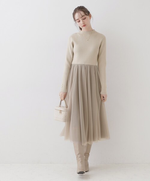 couture brooch（クチュールブローチ）の「◆【ふわっと軽い上品なワンピ】ラメニットチュールドッキングワンピース（ワンピース・レディース・サンドベージュ/ブラック/ナチュラル・42/36/38）」の14枚目の写真