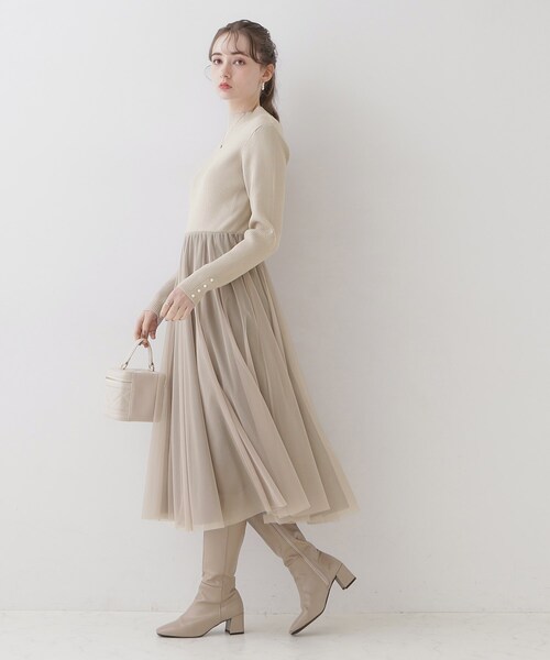 couture brooch（クチュールブローチ）の「◆【ふわっと軽い上品なワンピ】ラメニットチュールドッキングワンピース（ワンピース・レディース・サンドベージュ/ブラック/ナチュラル・42/36/38）」の15枚目の写真