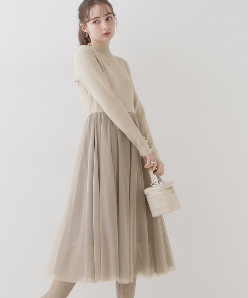 couture brooch（クチュールブローチ）の「◆【ふわっと軽い上品なワンピ】ラメニットチュールドッキングワンピース（ワンピース・レディース・サンドベージュ/ブラック/ナチュラル・42/36/38）」の17枚目の写真