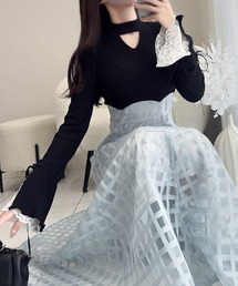 mily bilet（ミウィビレット）の「【mily bilet】気分上がる上品シルエット♪袖レースリブニットドッキングワンピース（ワンピース）」