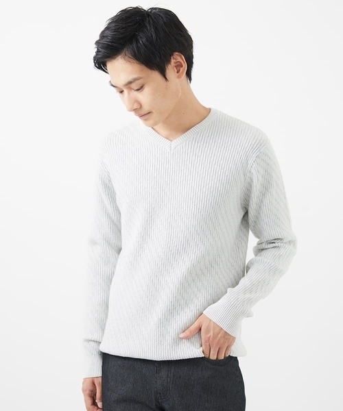 MK MICHEL KLEIN HOMME （エムケーミッシェルクランオム）の「【残りわずか/在庫限り/洗濯機で洗える】Vネックニット/バイヤスへリンボン（ニット/セーター・メンズ・ライトグレー/ボルドー/ブラック/ブルー/マスタード・48/51/46）」の7枚目の写真
