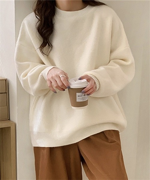 FREE STYLISTS（フリー スタイリスト）の「温かいクルーネックニットプルーオーバー（ニット/セーター・レディース・モカ/ベージュ/ホワイト/ピンク/レッド/ブラック/チャコールグレー/ライトブルー/ライトイエロー/パープル/イエロー・FREE）」の2枚目の写真