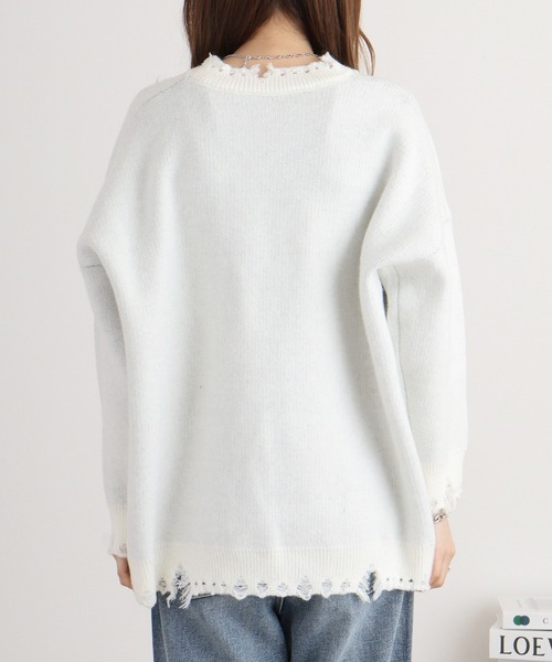 ニット セーター RELACLO select フロント英字ロゴジャガード　配色ニットプルオーバー レディース RELACLO select ダメージ加工 英字ジャガードニットプルオーバー