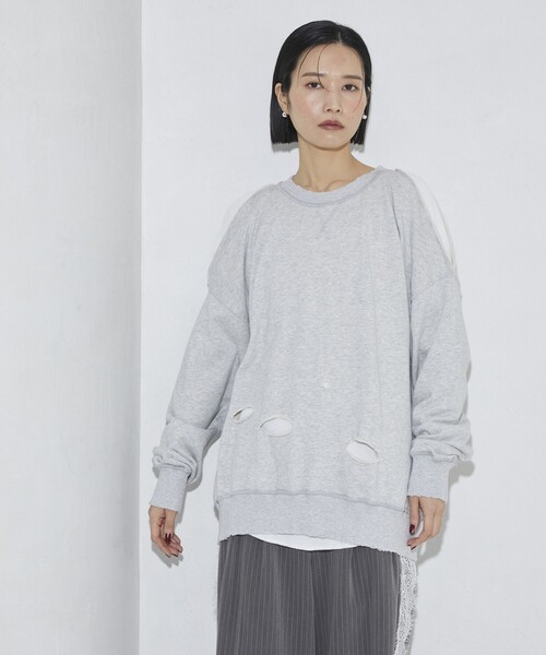 Firsthand（ファーストハンド）の「Firsthand/ファーストハンド ダメージスリットスウェットクルー（スウェット・レディース・グレー/チャコールグレー・FREE）」の3枚目の写真