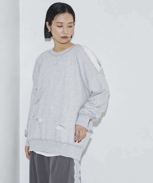 Firsthand（ファーストハンド）の「Firsthand/ファーストハンド ダメージスリットスウェットクルー（スウェット・レディース・グレー/チャコールグレー・FREE）」の4枚目の写真