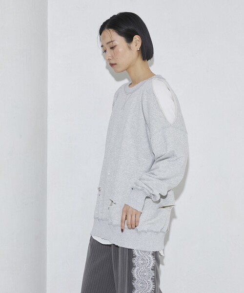 Firsthand（ファーストハンド）の「Firsthand/ファーストハンド ダメージスリットスウェットクルー（スウェット・レディース・グレー/チャコールグレー・FREE）」の5枚目の写真