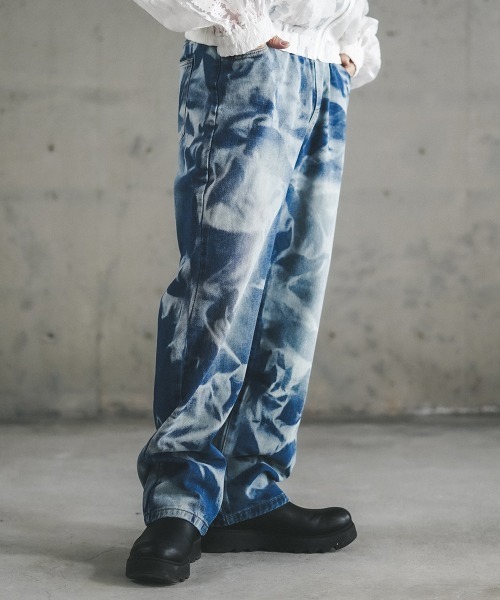 HEART PATCH DAMAGE DENIM PANTSブルー26inch セール】Hard bleach wash pull on denim pants / ハード
