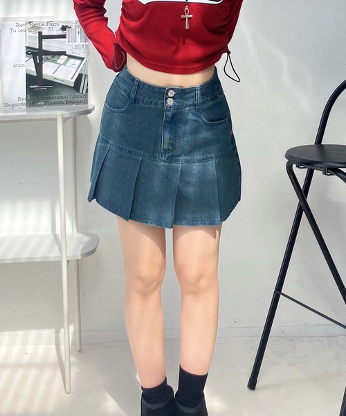 AS KNOW AS plus(アズノゥアズプラス)の「●切替えフリンジ ボックスプリーツデニムミニスカート(スカート・レディース・ブルー系/ブラック系/イエロー系/ブルー系1/サックスブルー系/イエロー系その他/ブラック系その他/その他・FREE)」の7枚目の写真