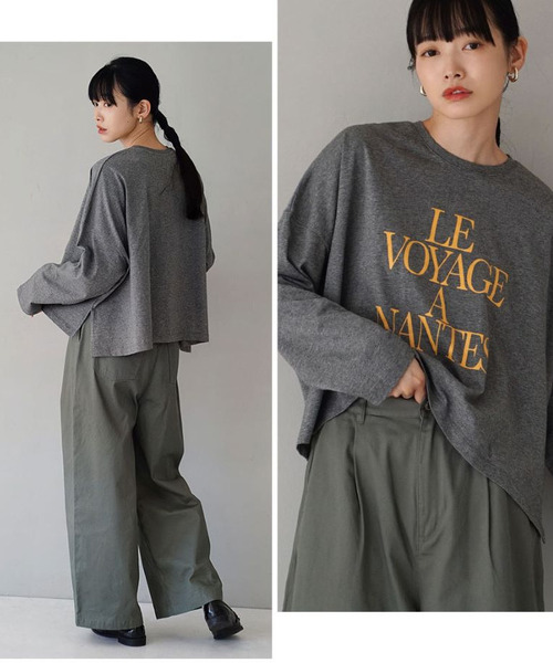 e-zakkamania stores（イーザッカマニアストアーズ）の「ロゴスリット ワイドカットソー（Tシャツ/カットソー・レディース・オフホワイト/チャコール・M）」の5枚目の写真
