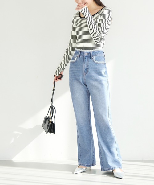 coca(coca)(コカ)の「【WEB限定セール】レースフレアデニム(デニムパンツ・レディース・ブルー・M/S/L)」の3枚目の写真