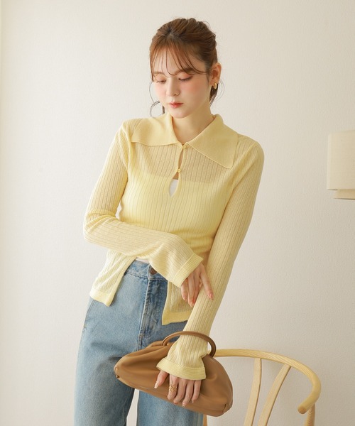 front open lib knit pullover /フロントオープン 襟付き リブ